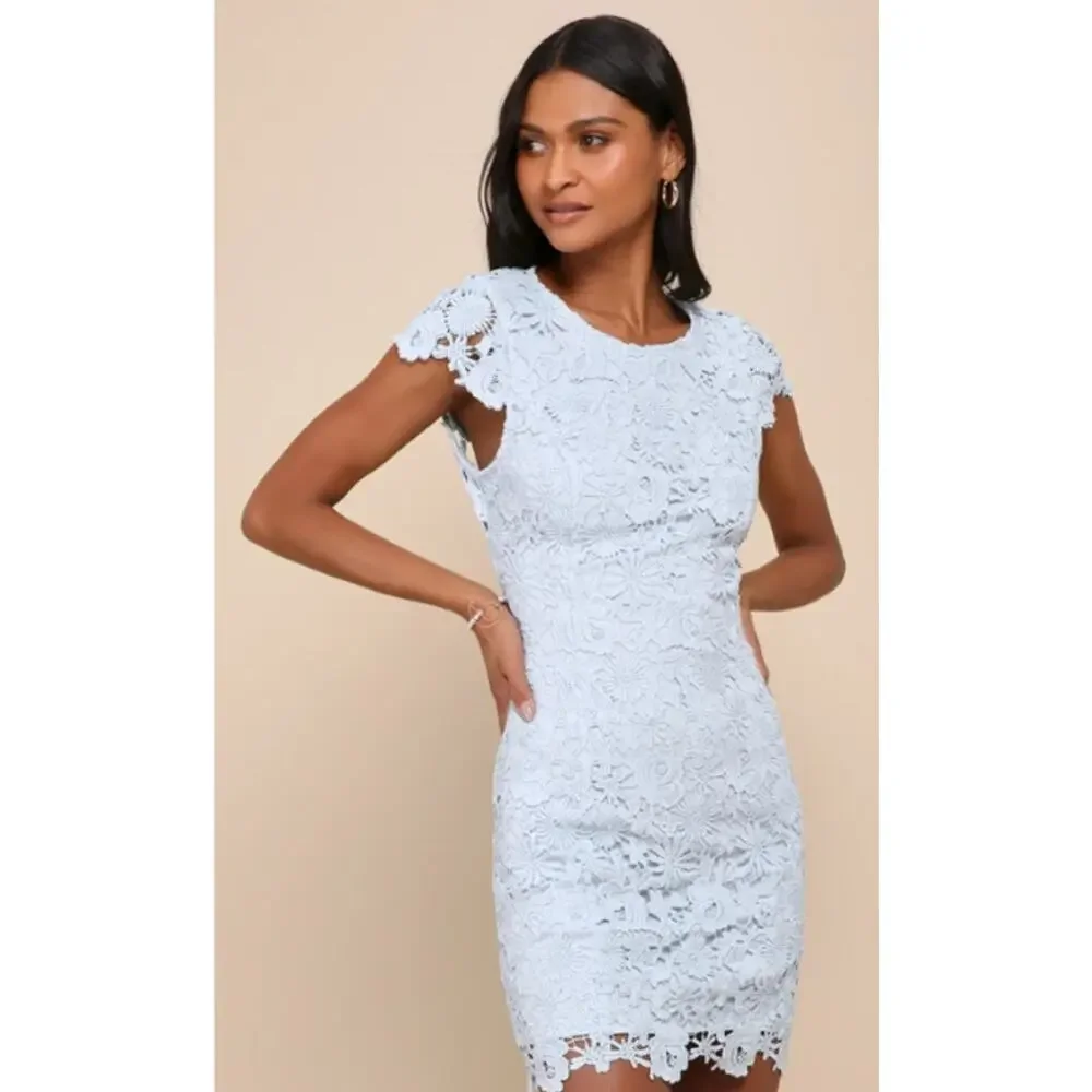 Lulus Size XS Lace Mini Dress Women Backless Romance Language Light Blue
